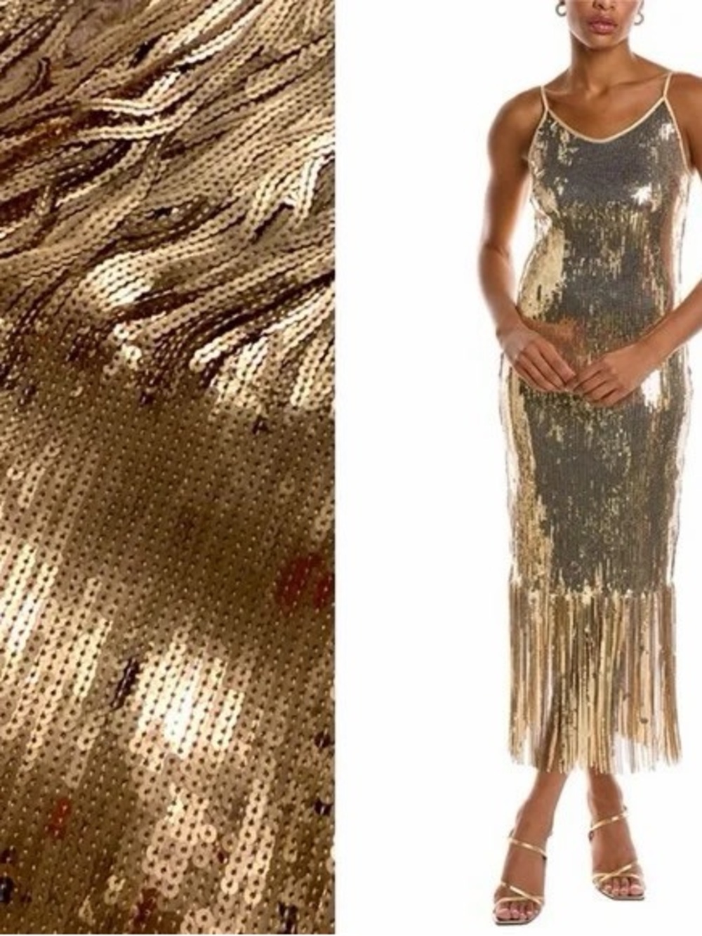 Nanette Lepore Gold Sequined Fringe Midi Dress flapper roaring 20s gatsby